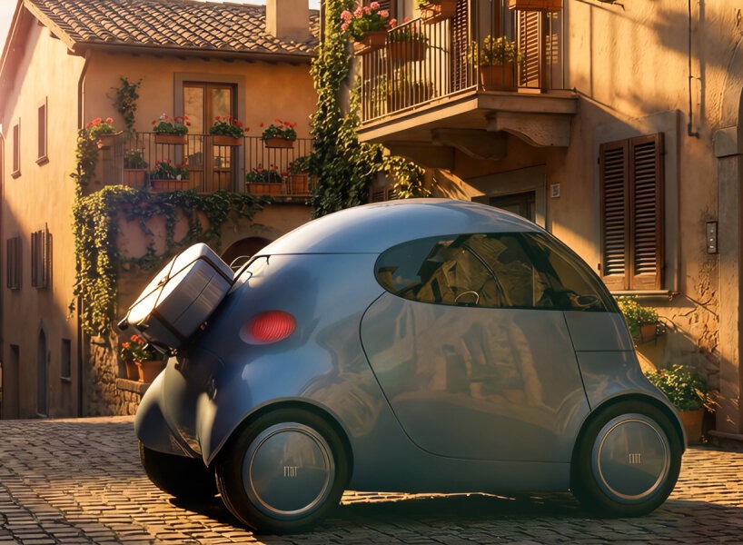 Small modern Fiat Topolino XS parked on cobblestone street Italian village