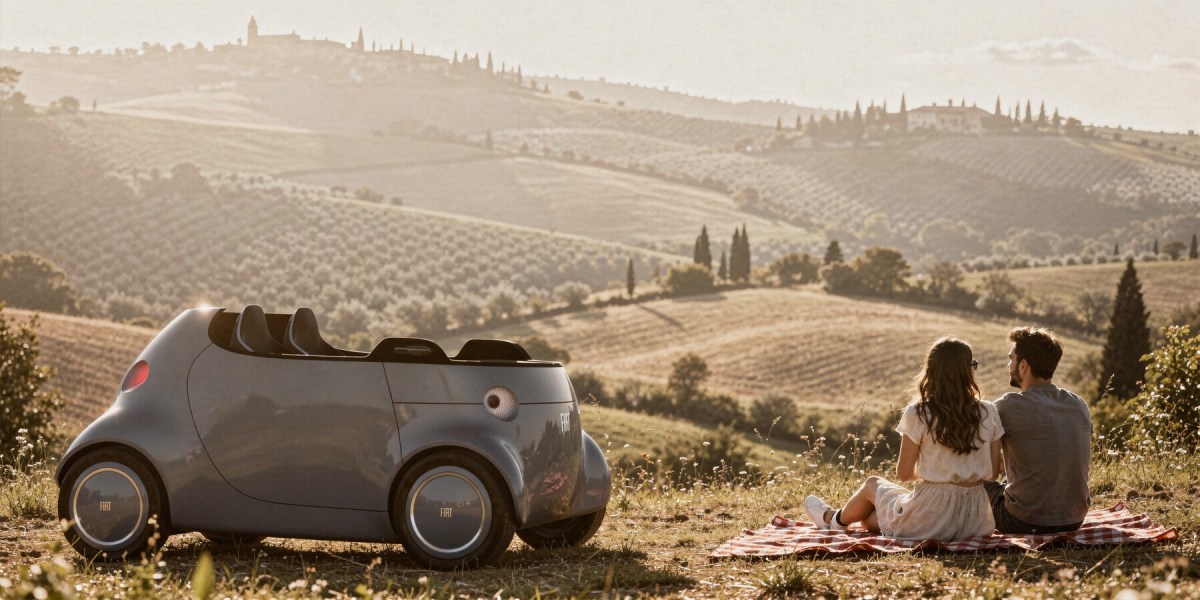 Couple on blanket in scenic landscape with rolling hills Fiat Topolino XS lifestyle