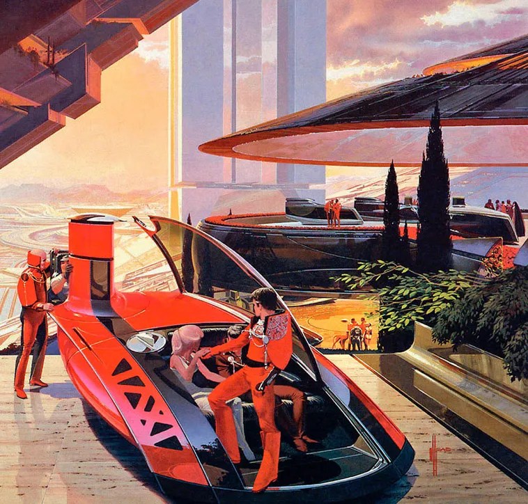 Retro futuristic concept car in vibrant setting 1950s vision of future