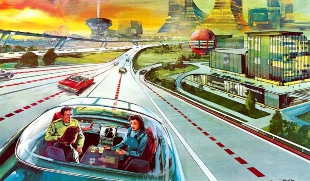 Futuristic scene couple inside sleek car with large panoramic windshield