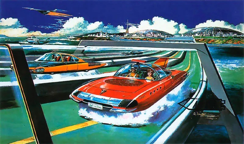 Retro futuristic cars on water highways flying cars vision