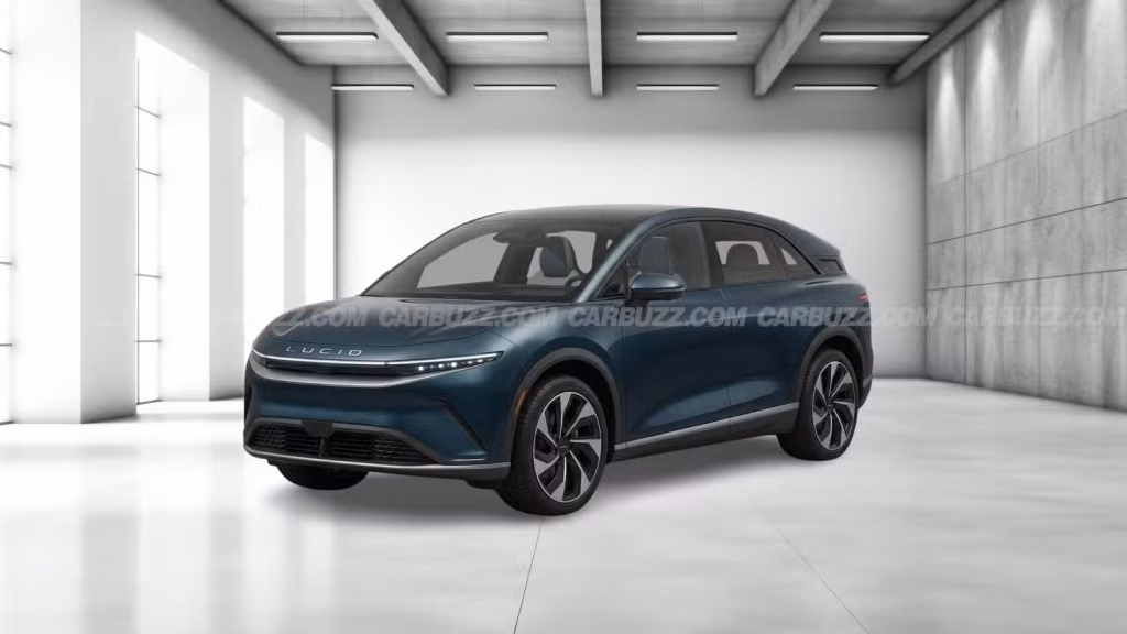 Lucid Cosmos SUV front three-quarter angle showing sculpted hood and oversized wheels from patent drawings