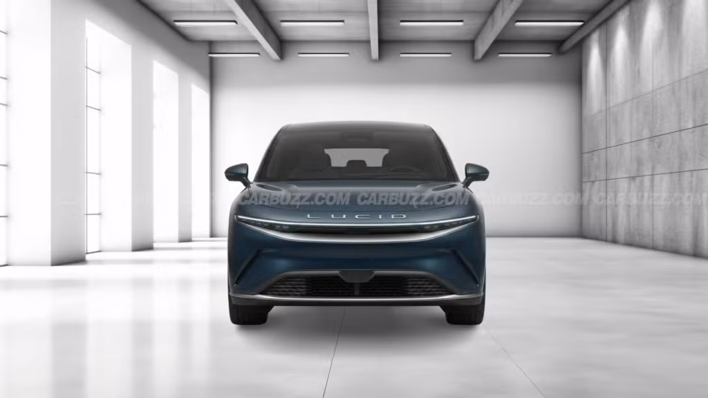 Lucid Cosmos SUV straight-on front view showing wide stance and large wheel arches from patent filing